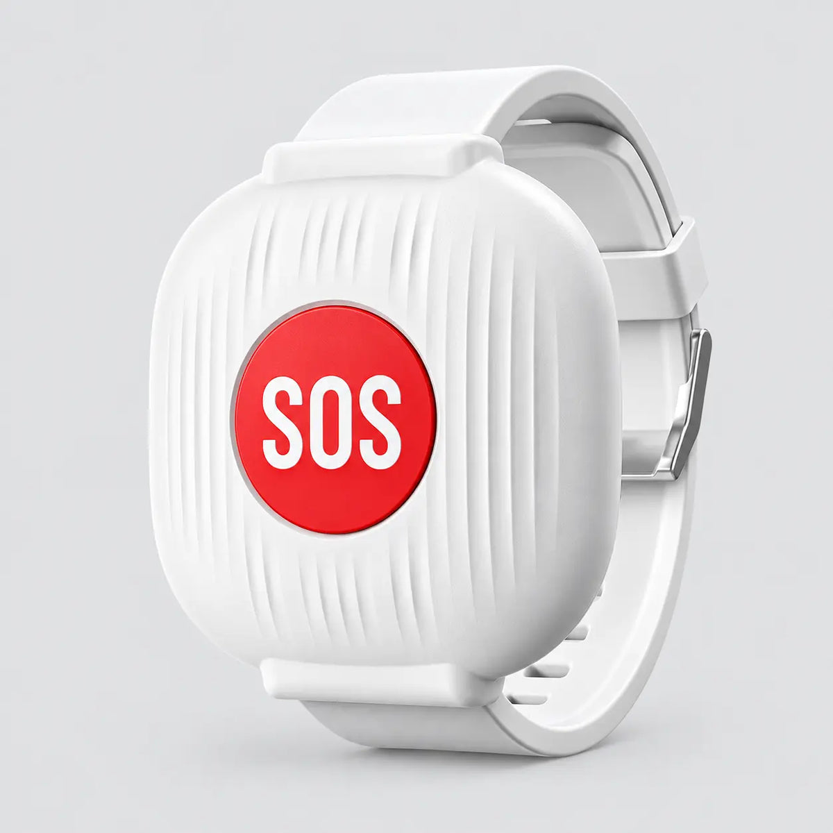 A white smartwatch-style emergency device with a curved strap, featuring a prominent red circular face with the white text 'SOS'.