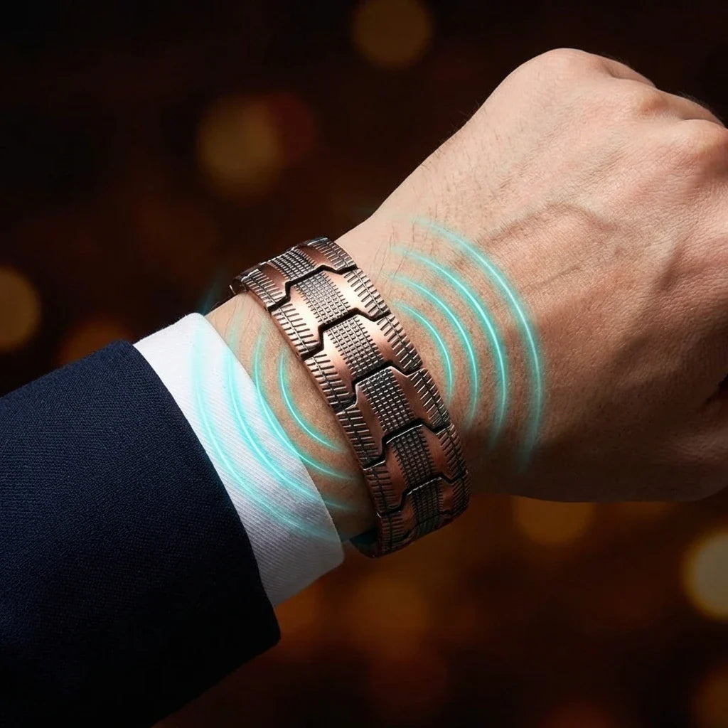 Metallic bracelet on a wrist with a blurred background