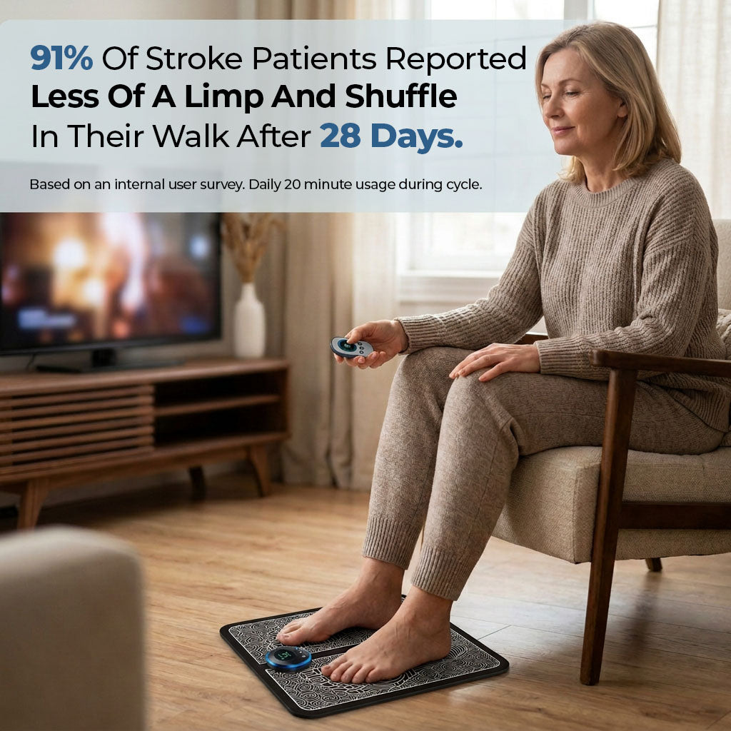 Woman using a device on a mat in a living room with text about stroke recovery.