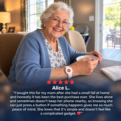 An elderly woman sitting at a table in a home setting wearing a smart health monitor on her wrist. A large text overlay features a customer testimonial from 'Alice L.