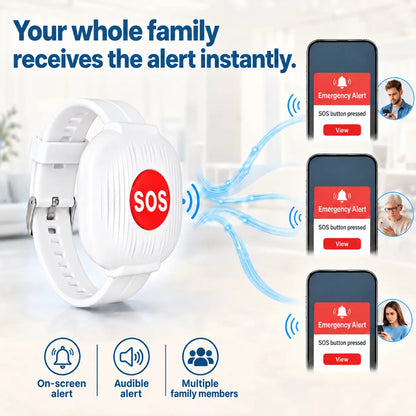 A white wristwatch-style emergency alarm with a red circular SOS badge, shown on a light indoor background with blue graphic lines connecting it to three phone screens displaying emergency alerts. Text at the top reads 'Your whole family receives the alert instantly.