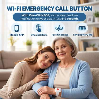 A promotional graphic for a Wi-Fi emergency call button. It features a woman and an older woman sitting on a couch, with the older woman wearing a white smartwatch with a red button.