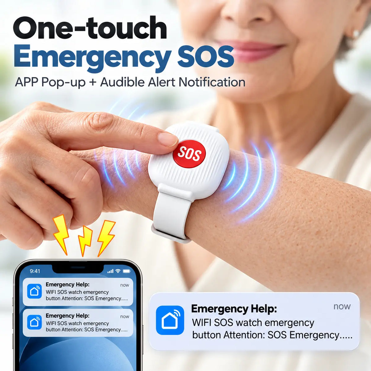 A close-up of an elderly woman wearing a white wristwatch with a red circular SOS button. The image includes marketing text reading 'One-touch Emergency SOS' and shows the watch emitting blue signal waves, plus a smartphone and notification preview demonstrating emergency alerts.