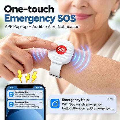 A close-up of an elderly woman wearing a white wristwatch with a red circular SOS button. The image includes marketing text reading 'One-touch Emergency SOS' and shows the watch emitting blue signal waves, plus a smartphone and notification preview demonstrating emergency alerts.