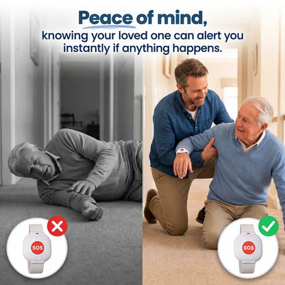 Promotional comparison graphic for a personal alarm. The left side shows a grayscale photo of an elderly man lying on the floor with a red X over a watch face showing SOS.