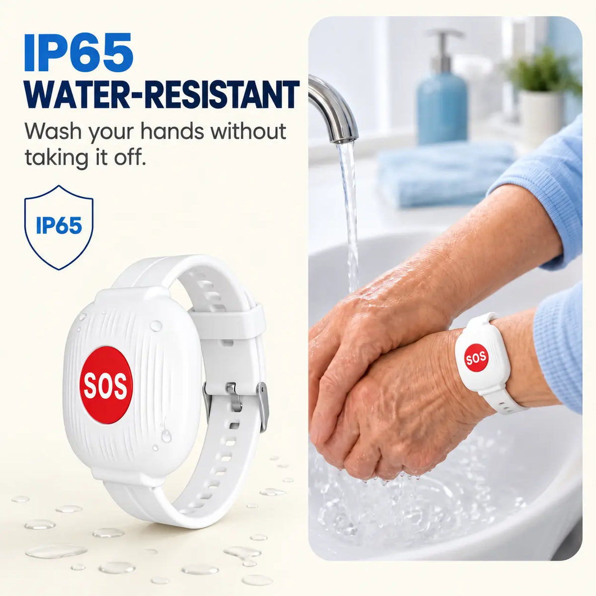 White wristwatch-style emergency SOS device with a red circular badge, shown on a clean light background and also worn on a person's wrist while hands are being washed under running water. Text reads 'IP65 WATER-RESISTANT' and 'Wash your hands without taking it off.