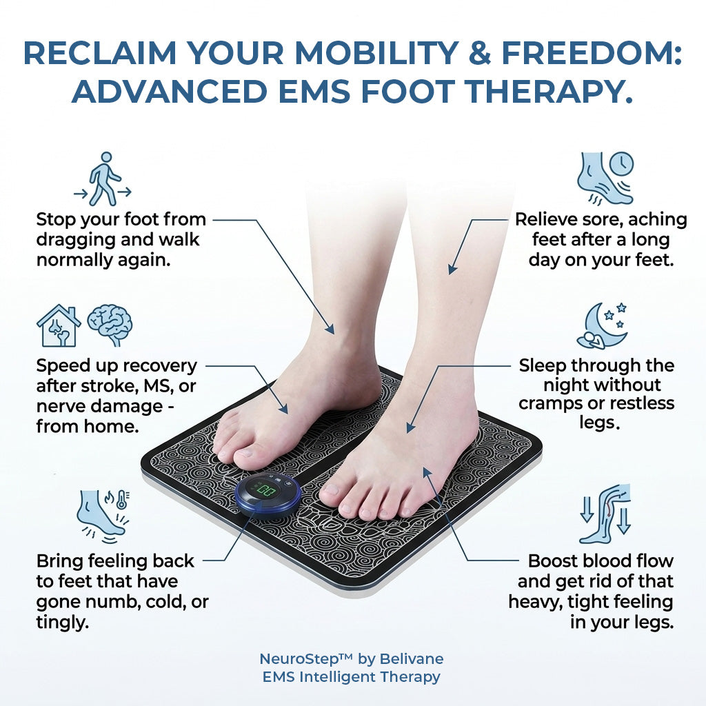 Advertisement for NeuroStep by Bellvane EMS Intelligent Therapy foot therapy device with text highlighting its benefits.