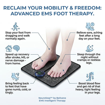 Advertisement for NeuroStep by Bellvane EMS Intelligent Therapy foot therapy device with text highlighting its benefits.