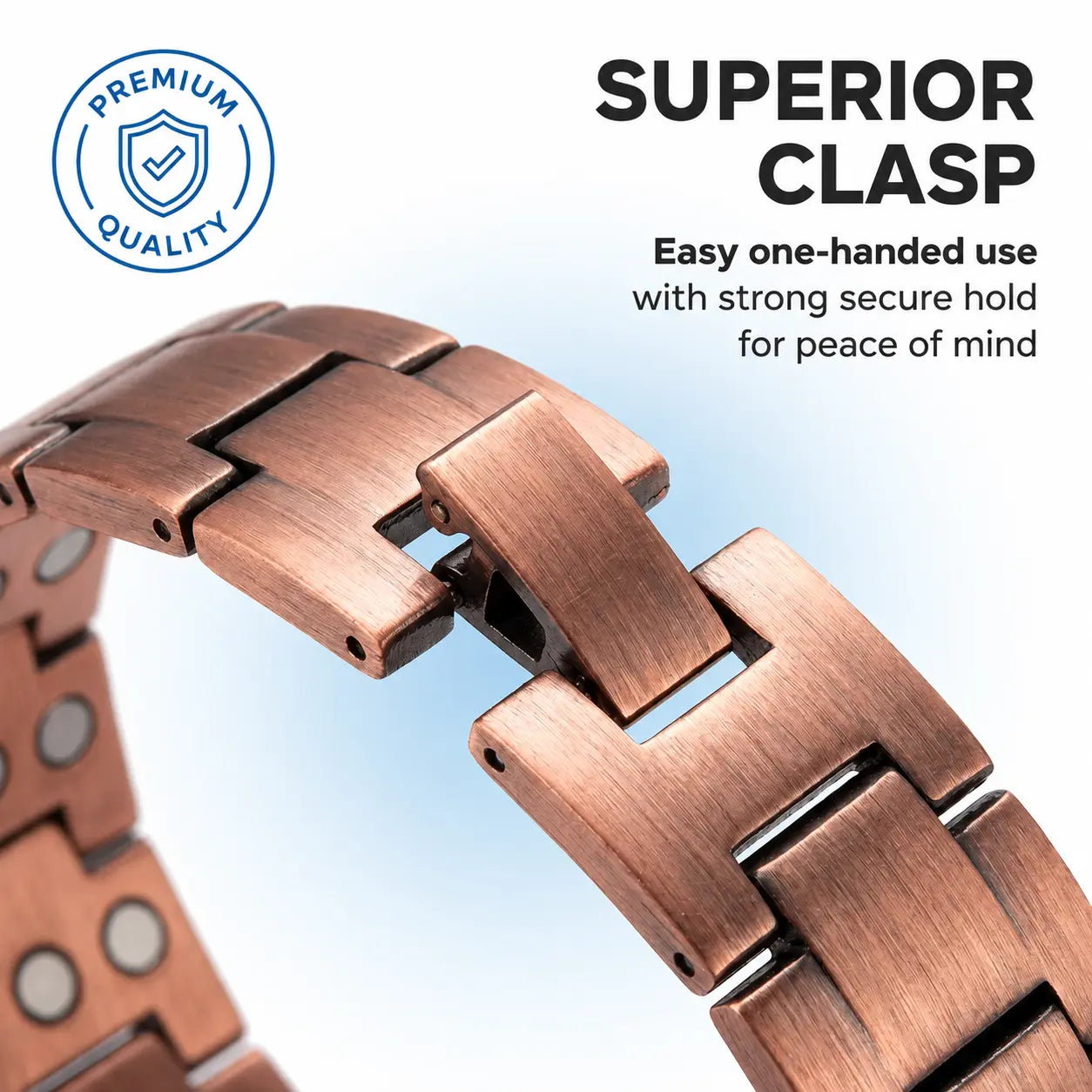Close-up of a rose gold metal link watch band with a brushed finish, highlighting the 'Superior Clasp' design. The image includes marketing text and a 'Premium Quality' badge on a light blue gradient background.