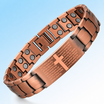 A rose gold magnetic therapy link bracelet with engraved religious text and a cross, shown on a light blue gradient background.