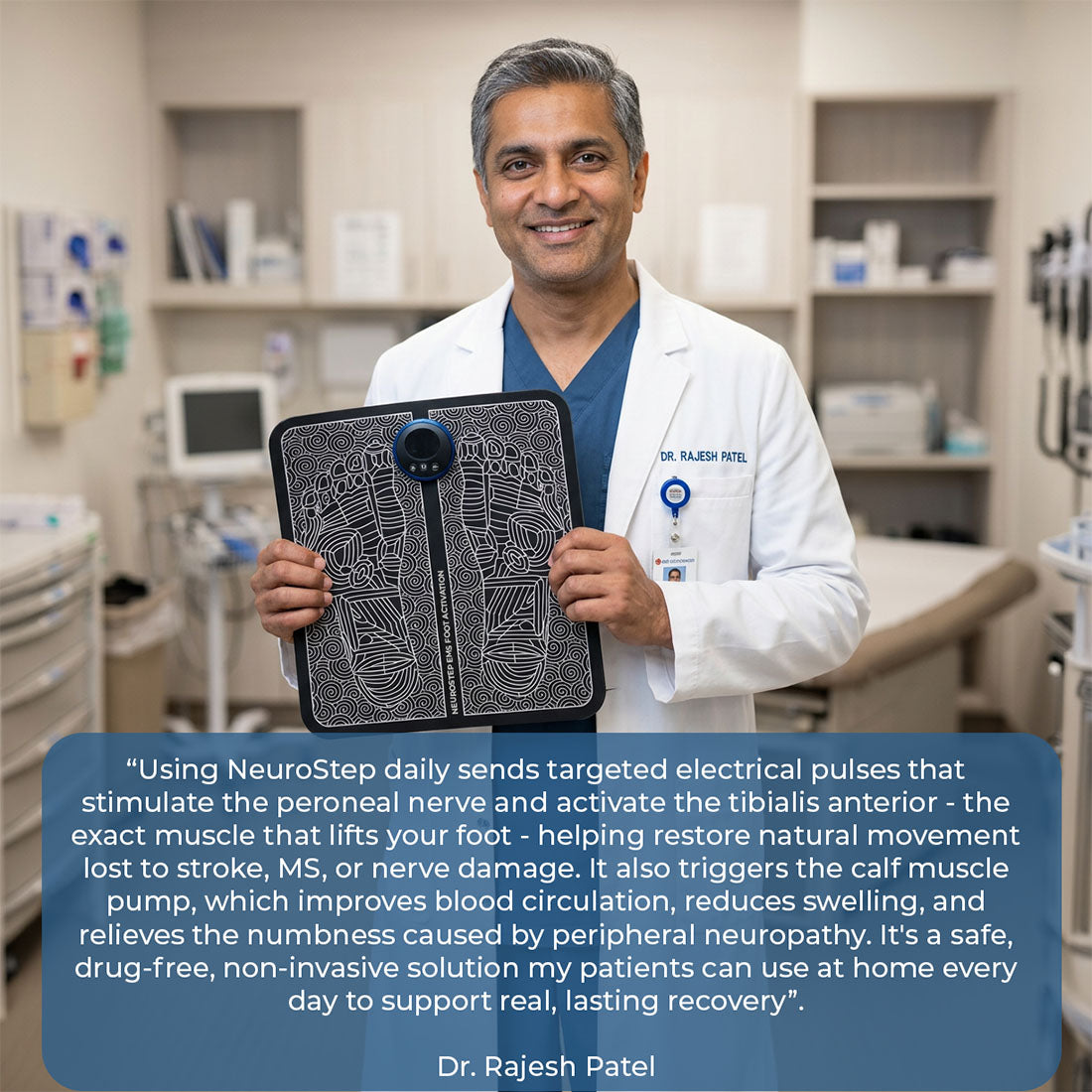 Doctor holding a device with text about NeuroStep in a medical setting