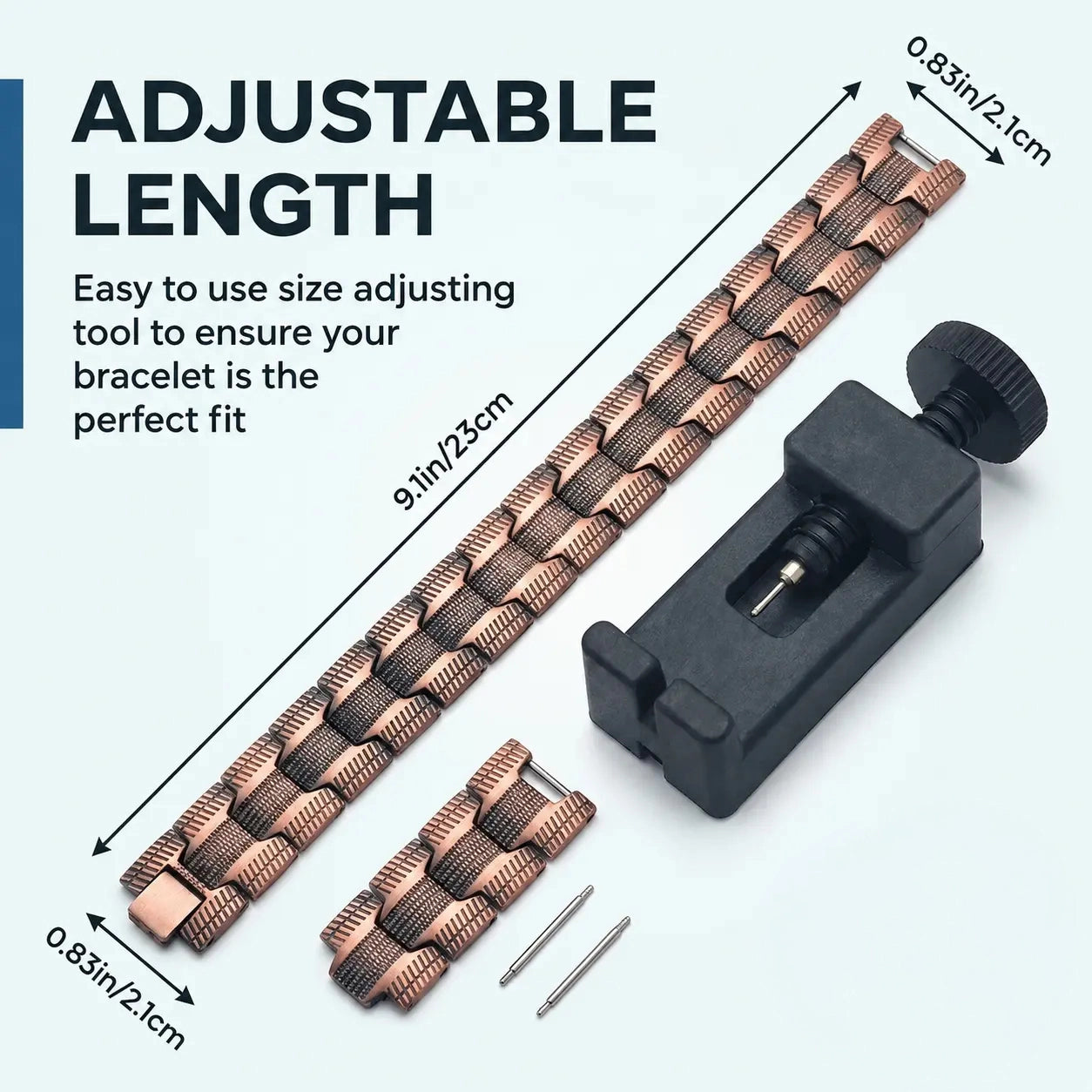 Adjustable metal bracelet band with a black size-adjustment tool and two pins, shown with measurement labels and text explaining how the bracelet length is adjusted.