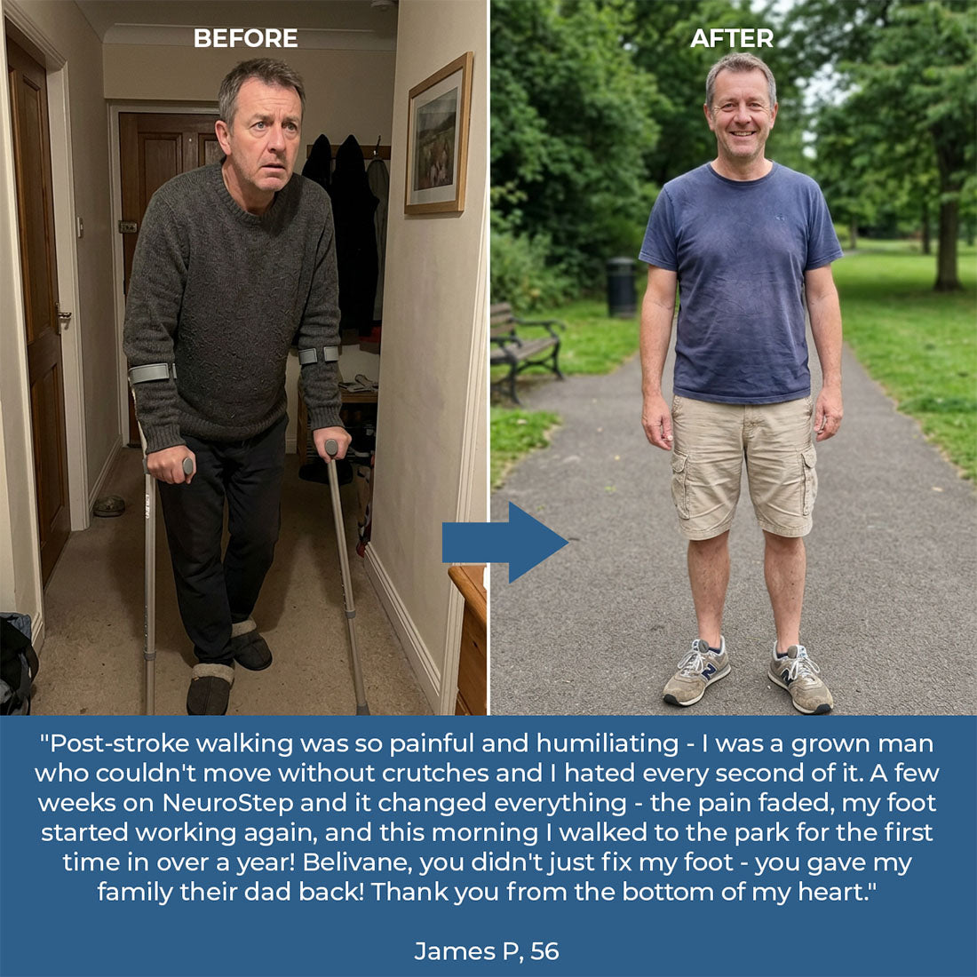 Before and after comparison of a man walking with crutches and then walking normally outdoors.