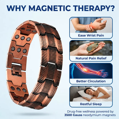 A copper-toned magnetic therapy wrist bracelet shown on a light blue promotional graphic with text and four benefit panels: ease wrist pain, natural pain relief, better circulation, and restful sleep.