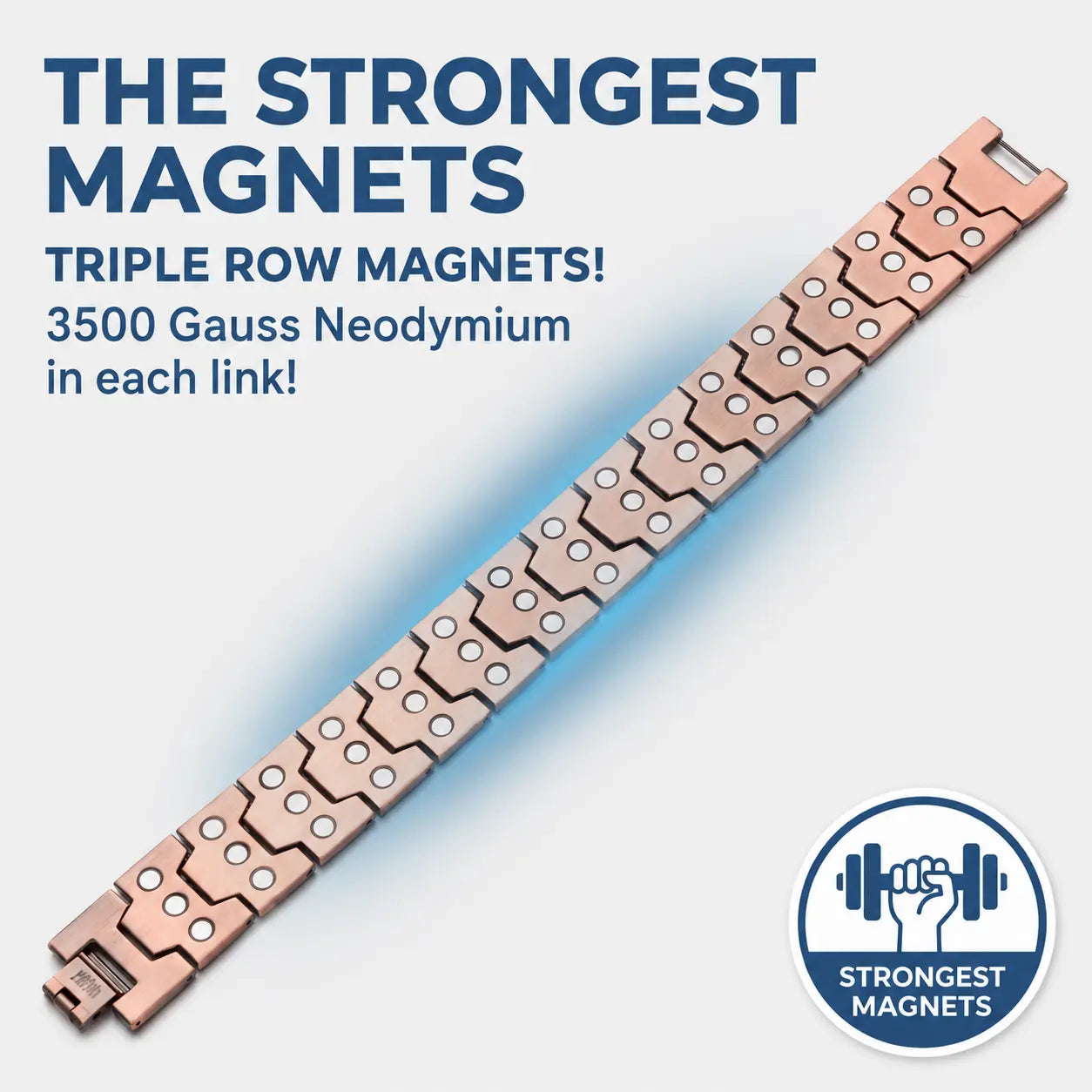 A rose gold magnetic watch band shown diagonally on a light gray background with promotional text reading 'THE STRONGEST MAGNETS' and a circular badge that says 'STRONGEST MAGNETS'.