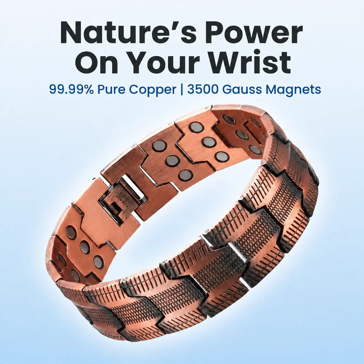 A copper-toned magnetic link bracelet shown on a light blue gradient background with promotional text reading 'Nature's Power On Your Wrist' and '99.99% Pure Copper | 3500 Gauss Magnets.