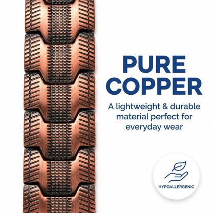 A close-up of a copper-colored metal link chain or bracelet segment on a white background, with blue text reading 'PURE COPPER' and smaller text 'A lightweight & durable material perfect for everyday wear,' plus a circular 'Hypoallergenic' icon.